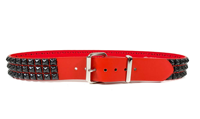 BT104M-RED-BS RED MATTE 3 ROW 1/2" PYRAMID BLACK STUD VEGAN LEATHER BELT