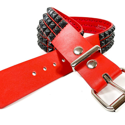 BT104M-RED-BS RED MATTE 3 ROW 1/2" PYRAMID BLACK STUD VEGAN LEATHER BELT