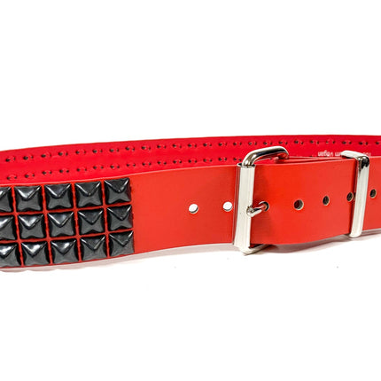 BT104M-RED-BS RED MATTE 3 ROW 1/2" PYRAMID BLACK STUD VEGAN LEATHER BELT