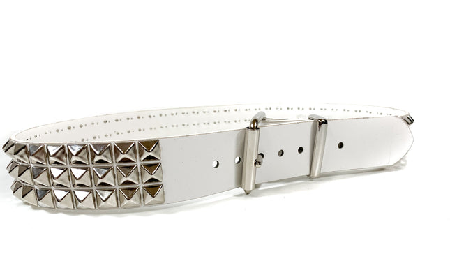 BT104M-WHT WHITE MATTE 3 ROW 1/2" PYRAMID BLACK STUD VEGAN LEATHER BELT