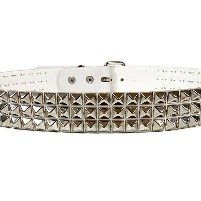 BT104M-WHT WHITE MATTE 3 ROW 1/2" PYRAMID BLACK STUD VEGAN LEATHER BELT
