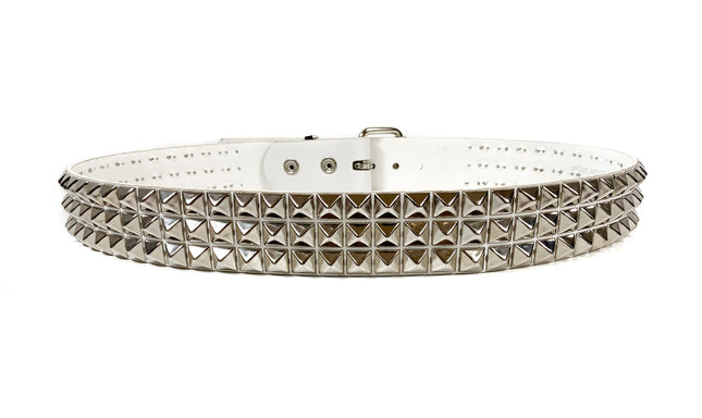 BT104M-WHT WHITE MATTE 3 ROW 1/2" PYRAMID BLACK STUD VEGAN LEATHER BELT
