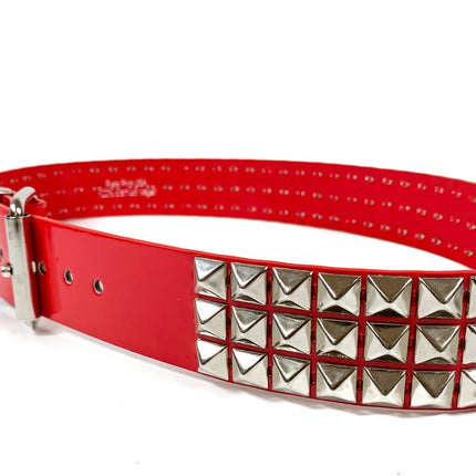 BT104P-RED PATENT 3 ROW 1/2" PYRAMID STUD BELT, 1 3/4" WIDE