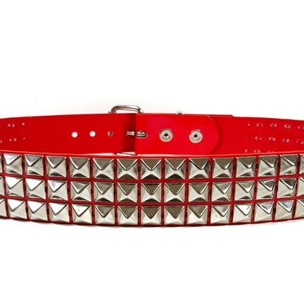 BT104P-RED PATENT 3 ROW 1/2" PYRAMID STUD BELT, 1 3/4" WIDE