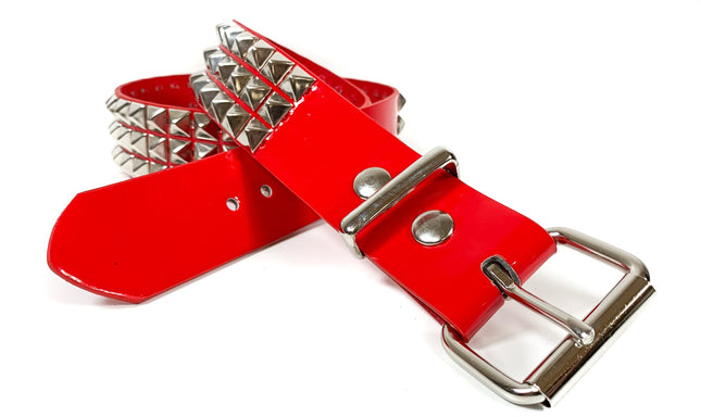 BT104P-RED PATENT 3 ROW 1/2" PYRAMID STUD BELT, 1 3/4" WIDE