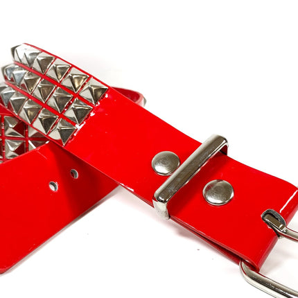 BT104P-RED PATENT 3 ROW 1/2" PYRAMID STUD BELT, 1 3/4" WIDE