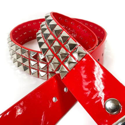 BT104P-RED PATENT 3 ROW 1/2" PYRAMID STUD BELT, 1 3/4" WIDE