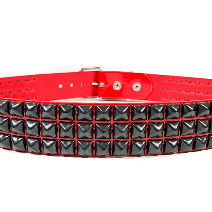 BT104P-RED-BS  3 ROW PYRAMID STUDDED  BELT