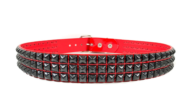 BT104P-RED-BS  3 ROW PYRAMID STUDDED  BELT