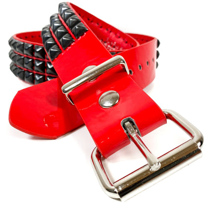 BT104P-RED-BS  3 ROW PYRAMID STUDDED  BELT