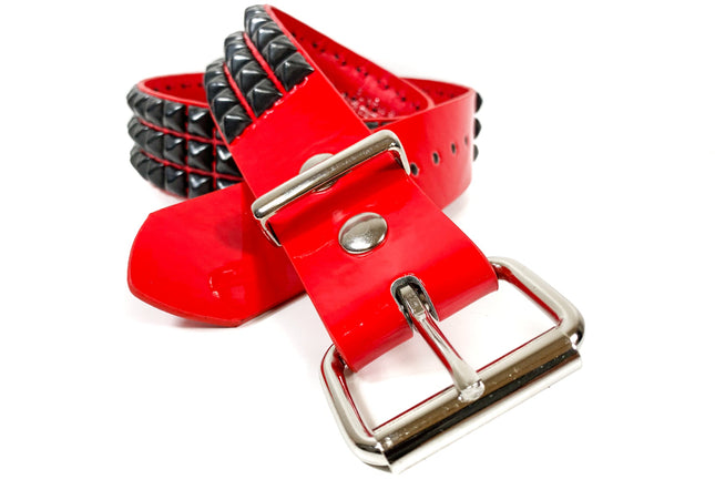 BT104P-RED-BS  3 ROW PYRAMID STUDDED  BELT