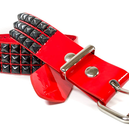 BT104P-RED-BS  3 ROW PYRAMID STUDDED  BELT
