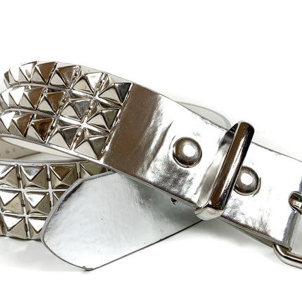 BT104P-SILVER  3 ROW PYRAMID STUDDED  BELT