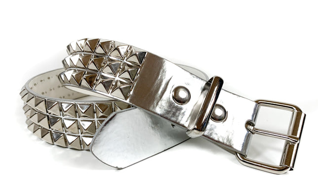 BT104P-SILVER  3 ROW PYRAMID STUDDED  BELT