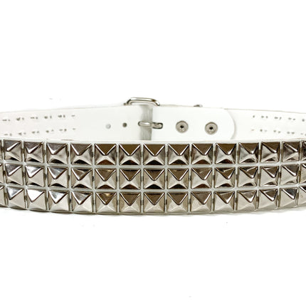 BT104P-WHT PATENT WHITE  3 ROW PYRAMID STUDDED  BELT