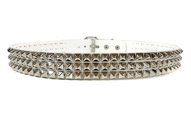 BT104P-WHT PATENT WHITE  3 ROW PYRAMID STUDDED  BELT