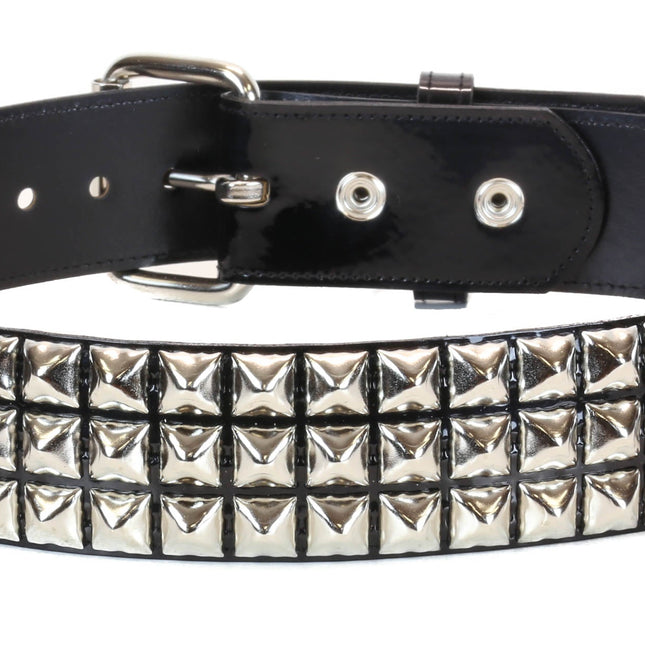 BT104P-BLK PATENT BLACK 3 ROW PYRAMID STUDDED  BELT