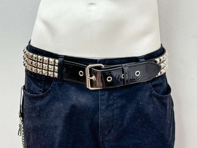 BT104P-BLK BLACK PATENT 3 ROW 1/2" PYRAMID STUD BELT, 1 3/4" WIDE