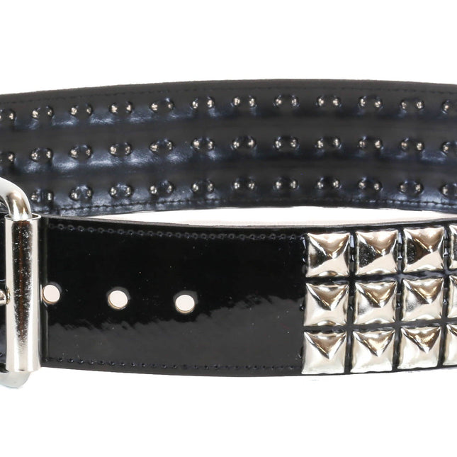 BT104P-BLK PATENT BLACK 3 ROW PYRAMID STUDDED  BELT