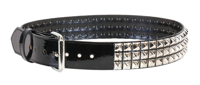 BT104P-BLK PATENT BLACK 3 ROW PYRAMID STUDDED  BELT