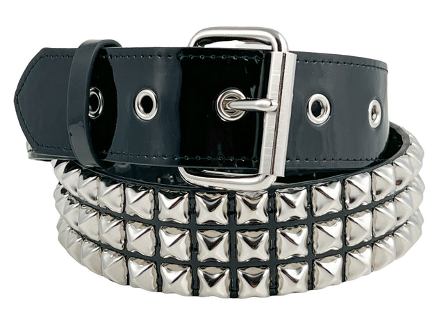 BT104P-BLK BLACK PATENT 3 ROW 1/2" PYRAMID STUD BELT, 1 3/4" WIDE