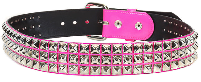 BT104P-HOT PINK 3 ROW PYRAMID STUDDED  BELT