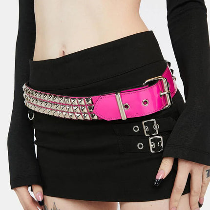 BT104P-HOT PINK 3 ROW PYRAMID STUDDED  BELT