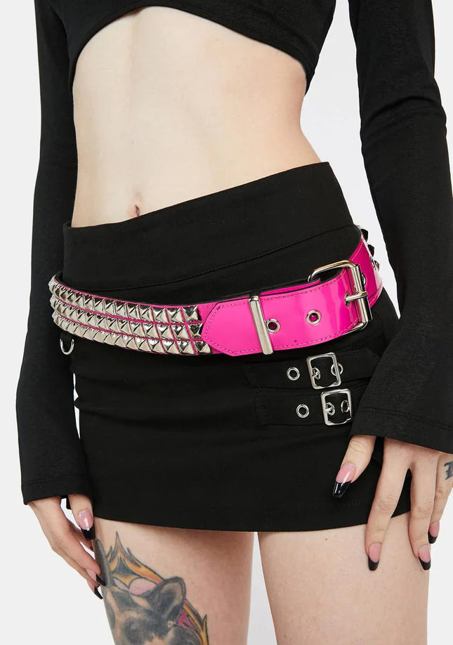 BT104P-HOT PINK 3 ROW PYRAMID STUDDED  BELT