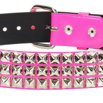 BT104P-HOT PINK 3 ROW PYRAMID STUDDED  BELT