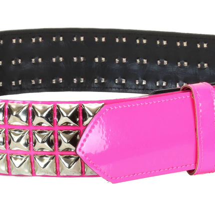 BT104P-HOT PINK 3 ROW PYRAMID STUDDED  BELT