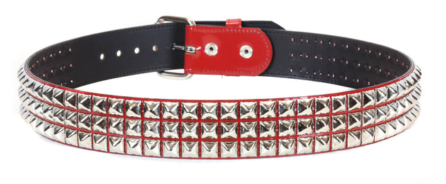 BT104P-RED PATENT RED 3 ROW PYRAMID STUDDED  BELT