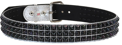 BT104P-SIL-BS PATENT SILVER 3 ROW PYRAMID STUDDED  BELT