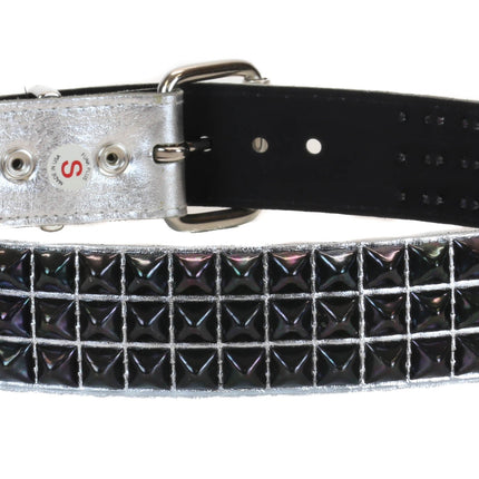BT104P-SIL-BS PATENT SILVER 3 ROW PYRAMID STUDDED  BELT