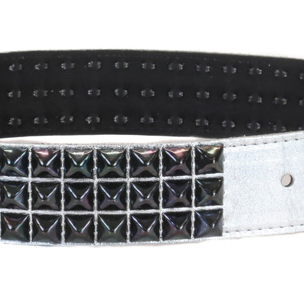 BT104P-SIL-BS PATENT SILVER 3 ROW PYRAMID STUDDED  BELT