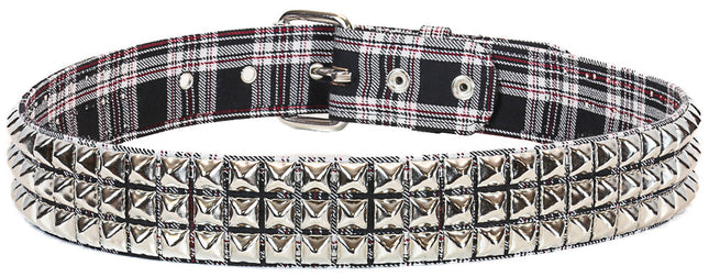 BT104PD-BLK PLAID 3 ROW PYRAMID STUDDED  BELT