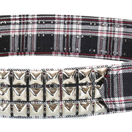 BT104PD-BLK PLAID 3 ROW PYRAMID STUDDED  BELT
