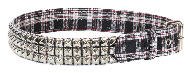 BT104PD-BLK PLAID 3 ROW PYRAMID STUDDED  BELT