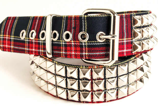 BT104PD-BLU  PLAID 3 ROW PYRAMID STUDDED  BELT