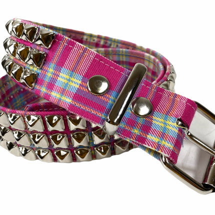 BT104PD-PINK  PLAID 3 ROW PYRAMID STUDDED  BELT