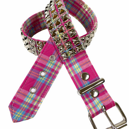 BT104PD-PINK  PLAID 3 ROW PYRAMID STUDDED  BELT
