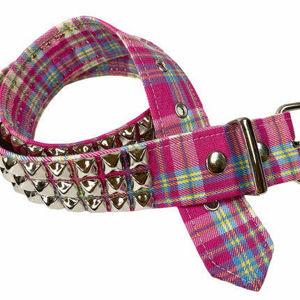 BT104PD-PINK  PLAID 3 ROW PYRAMID STUDDED  BELT