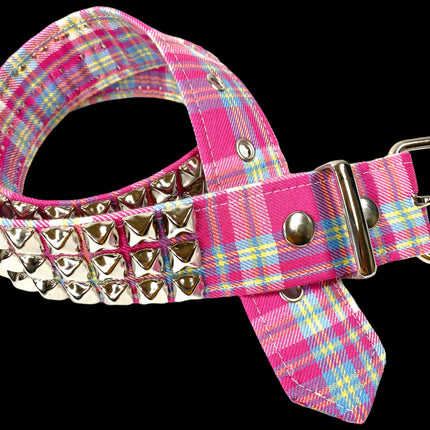 BT104PD-PINK  PLAID 3 ROW PYRAMID STUDDED  BELT