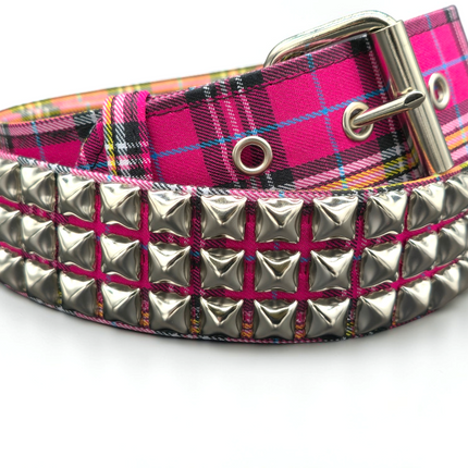 BT104PD-PINK  PLAID 3 ROW PYRAMID STUDDED  BELT