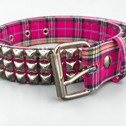 BT104PD-PINK  PLAID 3 ROW PYRAMID STUDDED  BELT