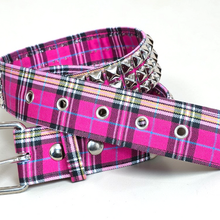 BT104PD-PINK  PLAID 3 ROW PYRAMID STUDDED  BELT