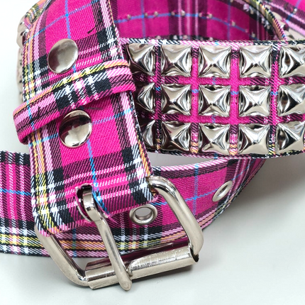 BT104PD-PINK  PLAID 3 ROW PYRAMID STUDDED  BELT