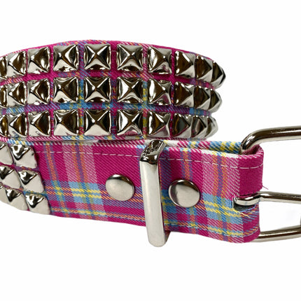 BT104PD-PINK  PLAID 3 ROW PYRAMID STUDDED  BELT