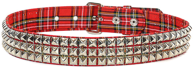 BT104PD-RED  PLAID 3 ROW PYRAMID STUDDED  BELT