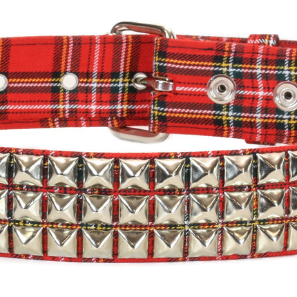 BT104PD-RED  PLAID 3 ROW PYRAMID STUDDED  BELT