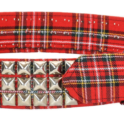 BT104PD-RED  PLAID 3 ROW PYRAMID STUDDED  BELT